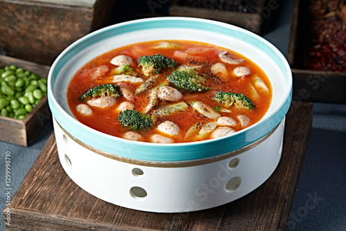 Russian-style tomato soup with broccoli, bamboo shoots and mushrooms