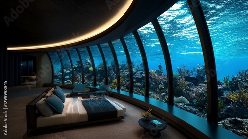 Underwater residential design ocean habitat luxury living space futuristic aquatic environment serene viewpoint