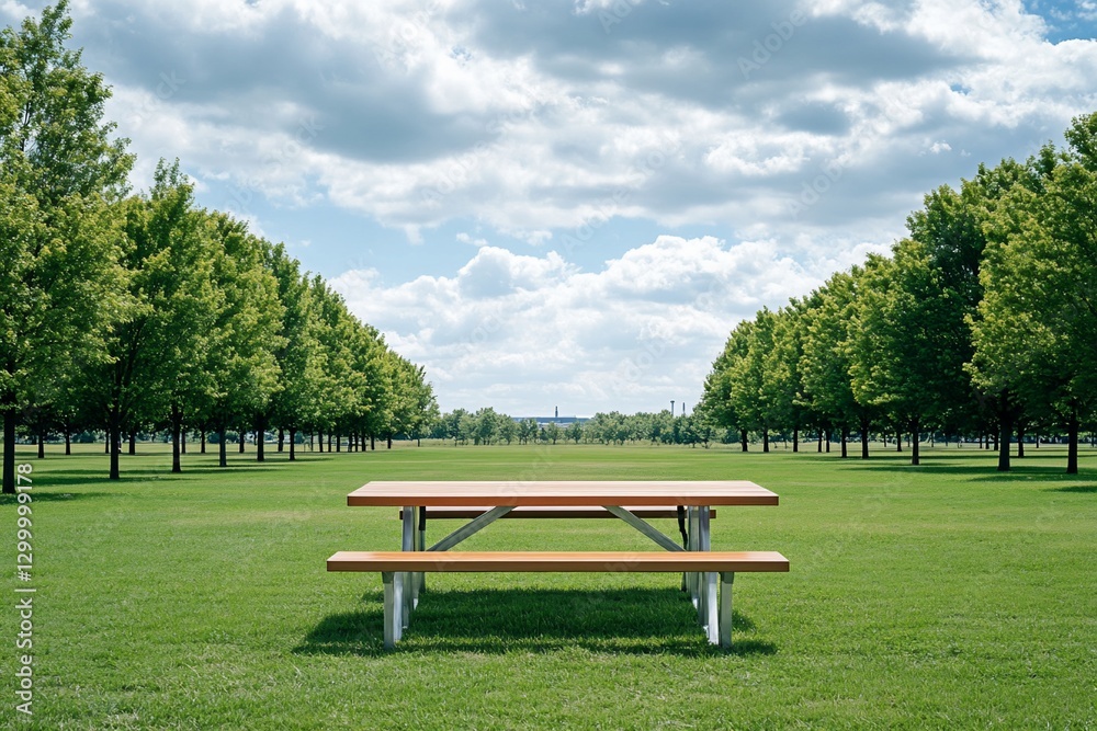 Picnic table on a grassy field with trees under a partly cloudy sky. Picnic table on a grassy field with trees under a partly cloudy sky.