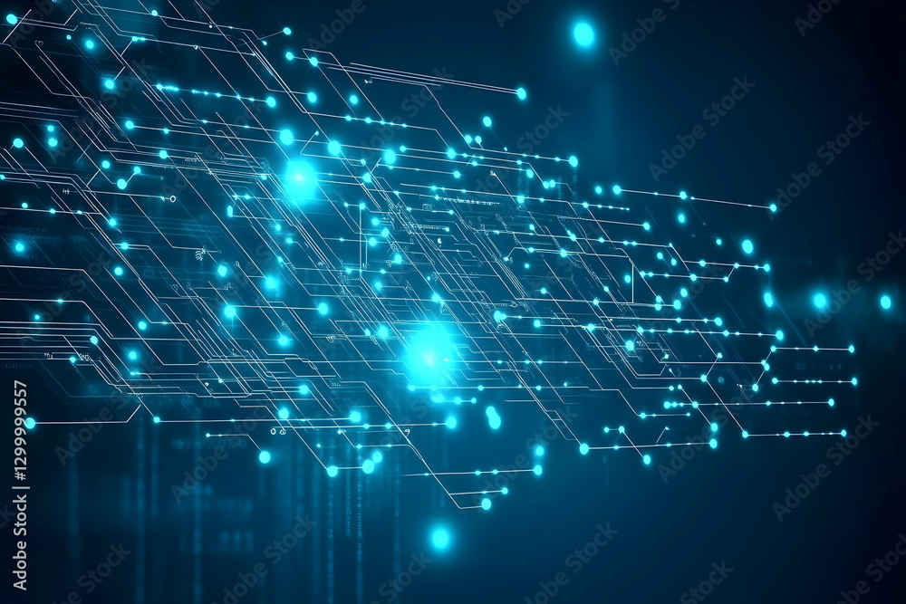 Obraz premium Abstract digital circuit board background with glowing nodes and lines, representing technology, data, and connectivity. Perfect for tech concepts.
