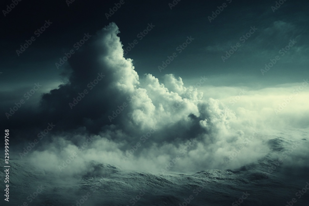 Obraz premium Dramatic dark cloudscape over snowy landscape; moody, atmospheric scene.