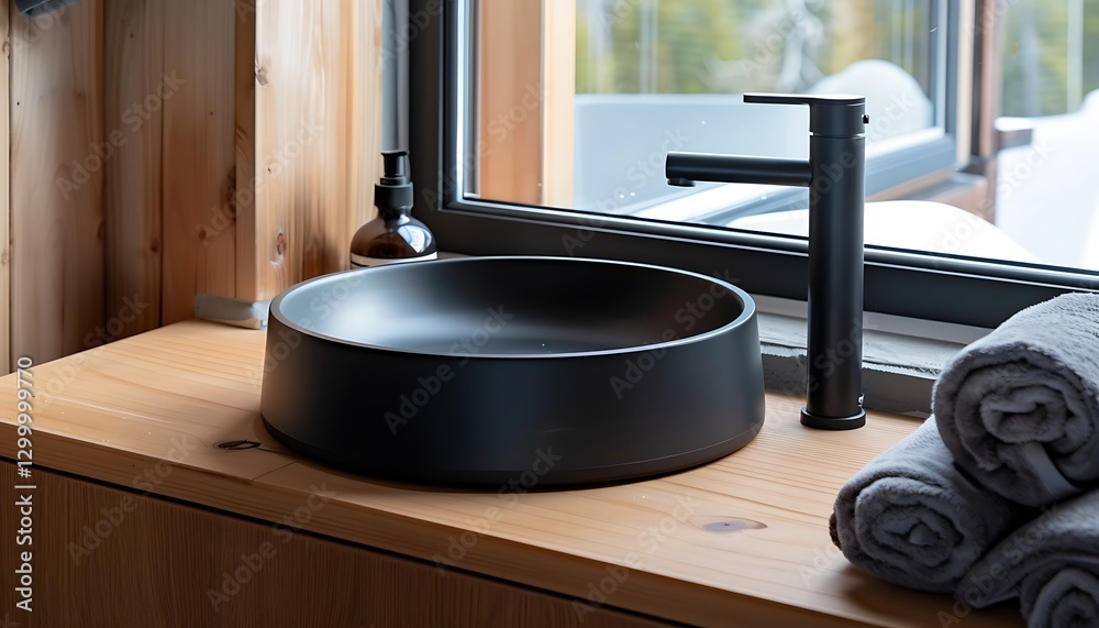Modern bathroom, black round sk, wooden cabet, wdow, mimalistic black faucet, copy space,