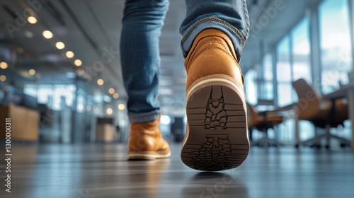 The legs and shoes of a man walking through the office with an unusual perspective, as if the ceiling was the floor. This creates a disorienting and surreal effect.