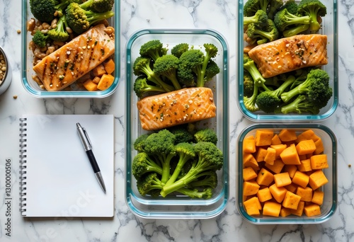 Top View of Meal Prep Containers: Salmon, Broccoli, and Sweet Potato