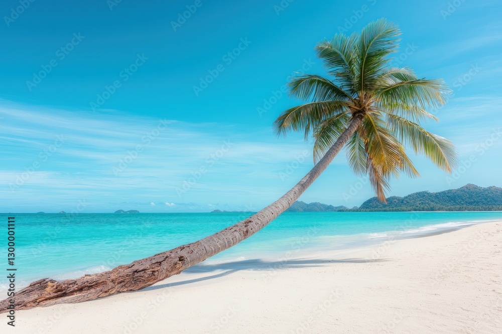 Fototapeta premium A serene beach scene featuring a leaning palm tree, clear turquoise waters, and a bright blue sky, creating a tranquil tropical atmosphere.