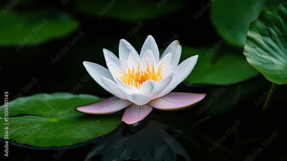 Water lily blossoms in a pond with lily pads, dark water background Water lily blossoms in a pond with lily pads, dark water background