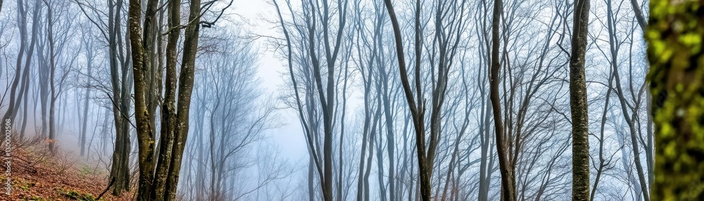 Misty Winter Forest Scene Tall Trees and Foggy Atmosphere Misty Winter Forest Scene Tall Trees and Foggy Atmosphere
