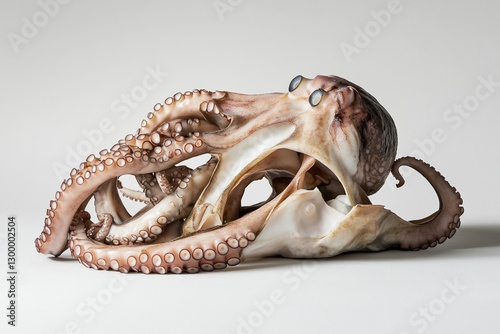Close-up of a deceased octopus, its tentacles curled around its pale body against a neutral background.