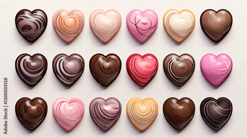 Fototapeta premium Set of chocolates in the form of chocolate hearts in multicolored glaze, 18 candies, top view, color image isolated on a white background, signage, banners, no people, ai