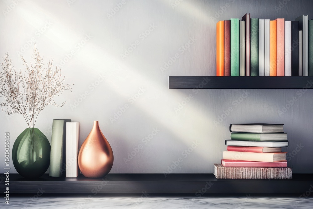 Contemporary Home Office Backdrop Featuring Stylish Books And Elegant Vases, Creating A Tranquil Workspace Atmosphere Contemporary Home Office Backdrop Featuring Stylish Books And Elegant Vases, Creating A Tranquil Workspace Atmosphere