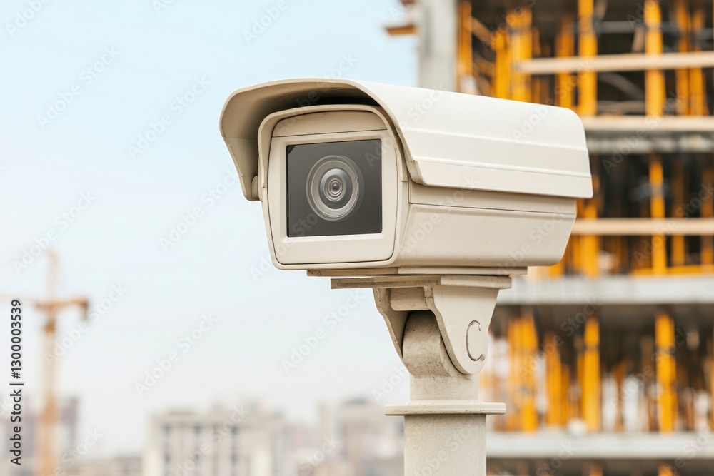 A surveillance camera is positioned at a construction site, monitoring activities and enhancing security in the area. A surveillance camera is positioned at a construction site, monitoring activities and enhancing security in the area.