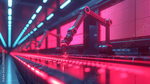 Automated assembly process high-tech factory robotic engineering neon-lit environment close-up view future of manufacturing