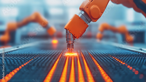 Automated robotic arm packaging action in manufacturing facility high-tech environment industrial viewpoint ai-enhanced efficiency