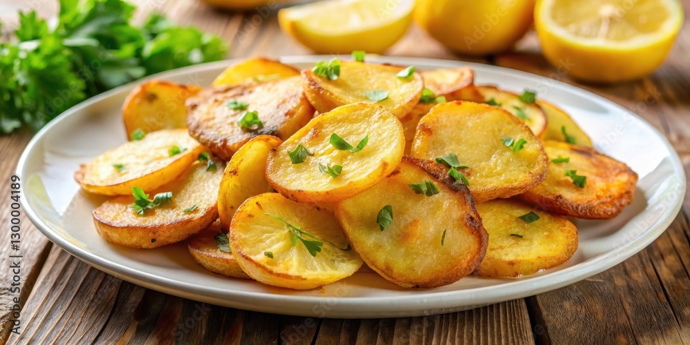 Crunchy golden brown fried potato slices on a white plate, garnished with fresh parsley and a squeeze of lemon juice Crunchy golden brown fried potato slices on a white plate, garnished with fresh parsley and a squeeze of lemon juice