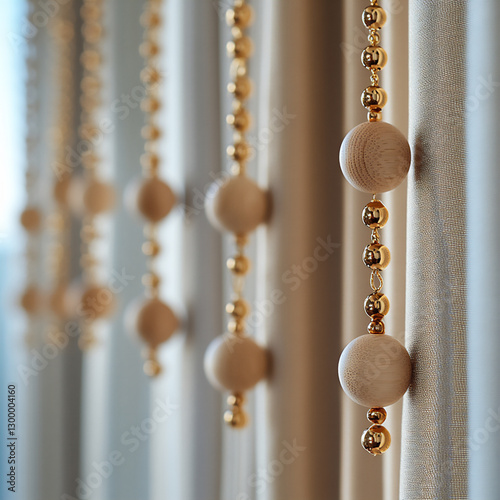 a curtain of beige and gold beads with wooden balls hanging from the ceili photo