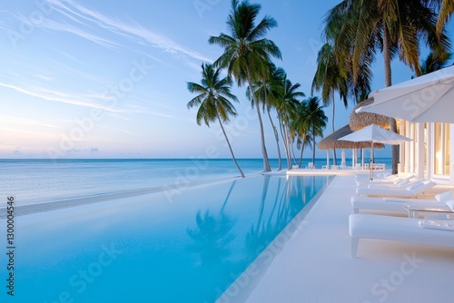 Stunning beachfront infinity pool with palm trees at sunset in a tropical paradise