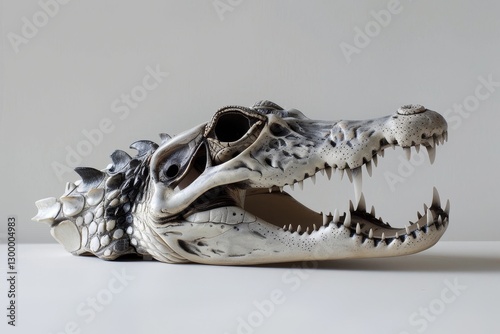 A surreal interpretation of a crocodile skull, adorned with a delicate topaz detail, set against a neutral background, A surreal interpretation of a crocodile skull with exaggerated features photo