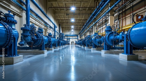 Industrial Water Treatment Boiler Room with Blue PVC Pipes and Valves