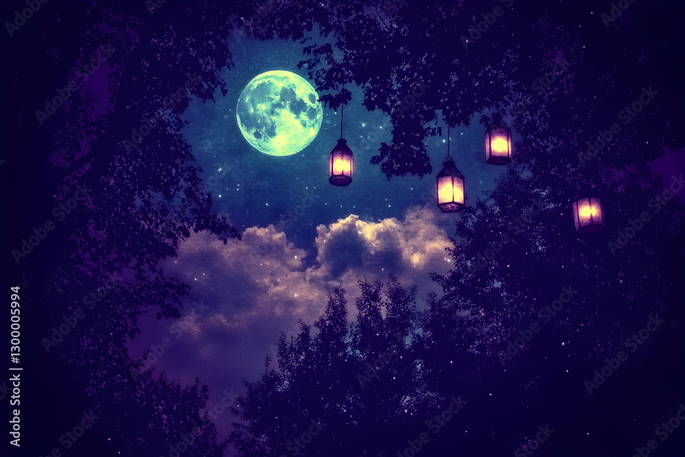 Fototapeta premium Enchanting nighttime scene featuring a large full moon, silhouetted trees, and glowing lanterns hanging from branches. Perfect for fantasy, fairytale, or magical themes.