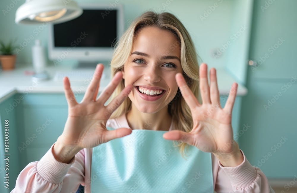 Close up of amazed smiling woman covered with napkin spreading hands in light modern dental office. Happy patient sits at stomatologist chair, waiting for oral treatment at clinic. Close up of amazed smiling woman covered with napkin spreading hands in light modern dental office. Happy patient sits at stomatologist chair, waiting for oral treatment at clinic.