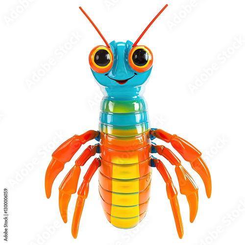 Goofy and Friendly Cartoon Robotic Mantis Shrimp Toy Character with Vibrant Colors and Playful Smile photo