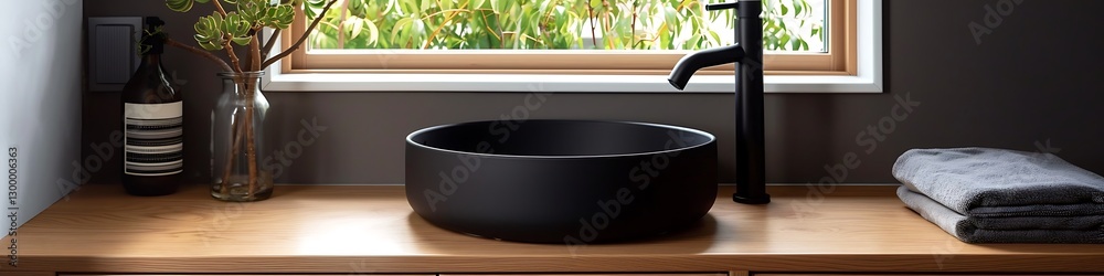 Modern bathroom, black round sk, wooden cabet, wdow, mimalistic black faucet, copy space,