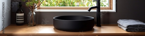 Obraz na płótnie Modern bathroom, black round sk, wooden cabet, wdow, mimalistic black faucet, copy space, w salonie
