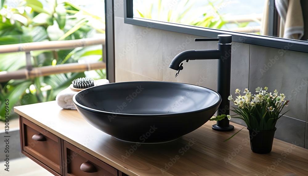 Modern bathroom, black round sk, wooden cabet, wdow, mimalistic black faucet, copy space,