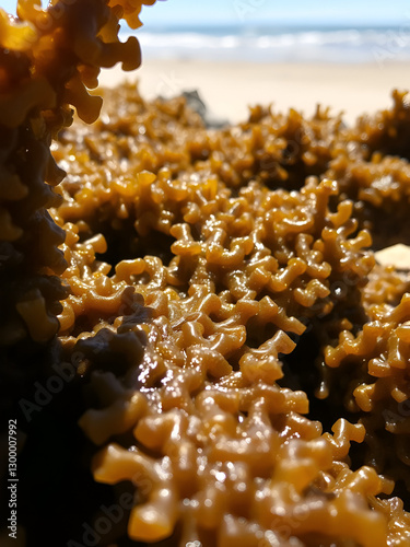 A close up of fucus seaweed at the beach, on a sunny summer's day