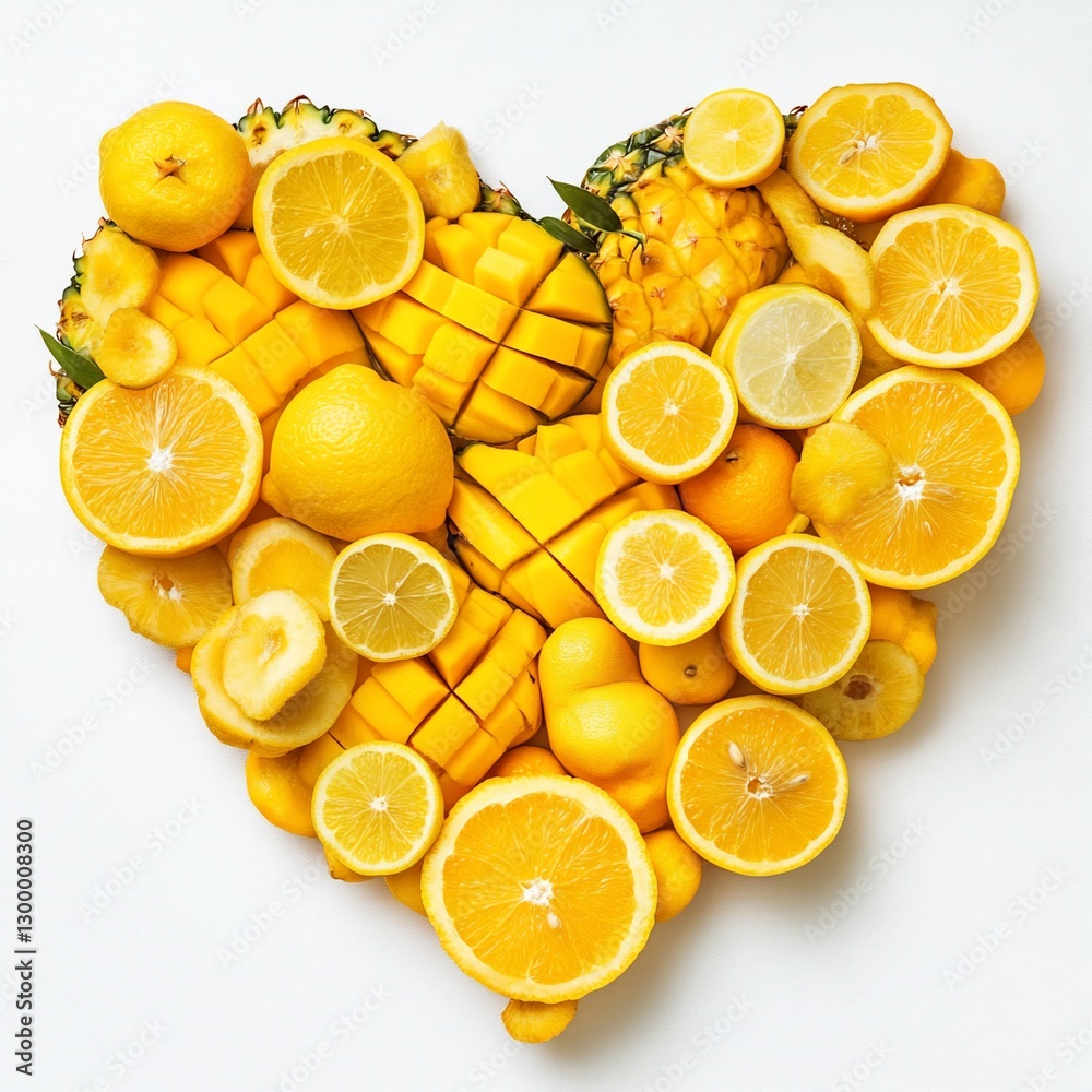 Φωτογραφία Heart-shaped arrangement of fresh yellow fruits lemons, oranges, mangoes, pineapple