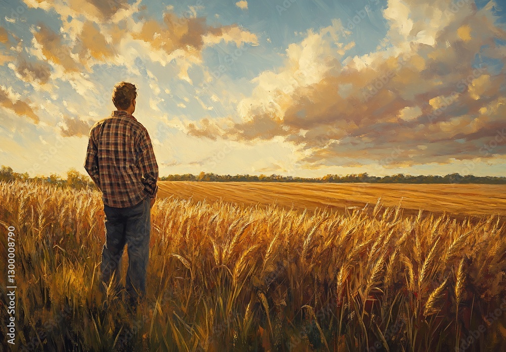 Fototapeta premium Man standing in a golden wheat field at sunset, looking out at the vast landscape.