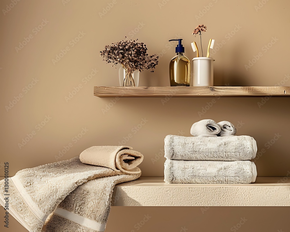Modern bathroom, beige wall background, shelf with soap bottle, towels, dried flowers, home decor mockup,