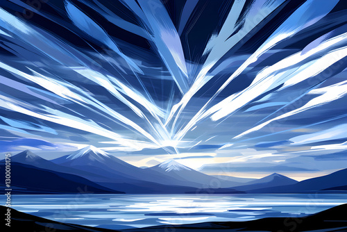Serene landscape painting of mountains and a lake under a breathtaking, dynamic sky.  Vibrant blue hues dominate the scene, creating a sense of calm and wonder.