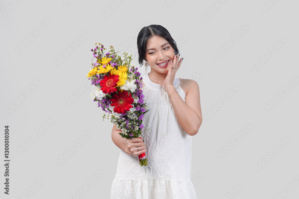 Beautiful pregnant Asian woman feeling happy after receiving a bouquet of flowers on a special day. Beautiful pregnant Asian woman feeling happy after receiving a bouquet of flowers on a special day.