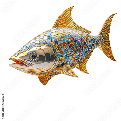 Detailed Shiny Gold Sculpture of Albacore Tuna with Colorful Inlays and Glossy Finish for Decorative Purposes