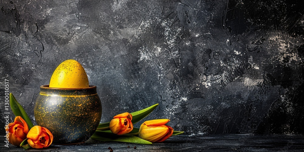 Easter Greeting Card: Yellow Egg in Cup with Tulips Minimalistic Photo with copy space, Easter Greeting Card: Yellow Egg in Cup with Tulips Minimalistic Photo with copy space,