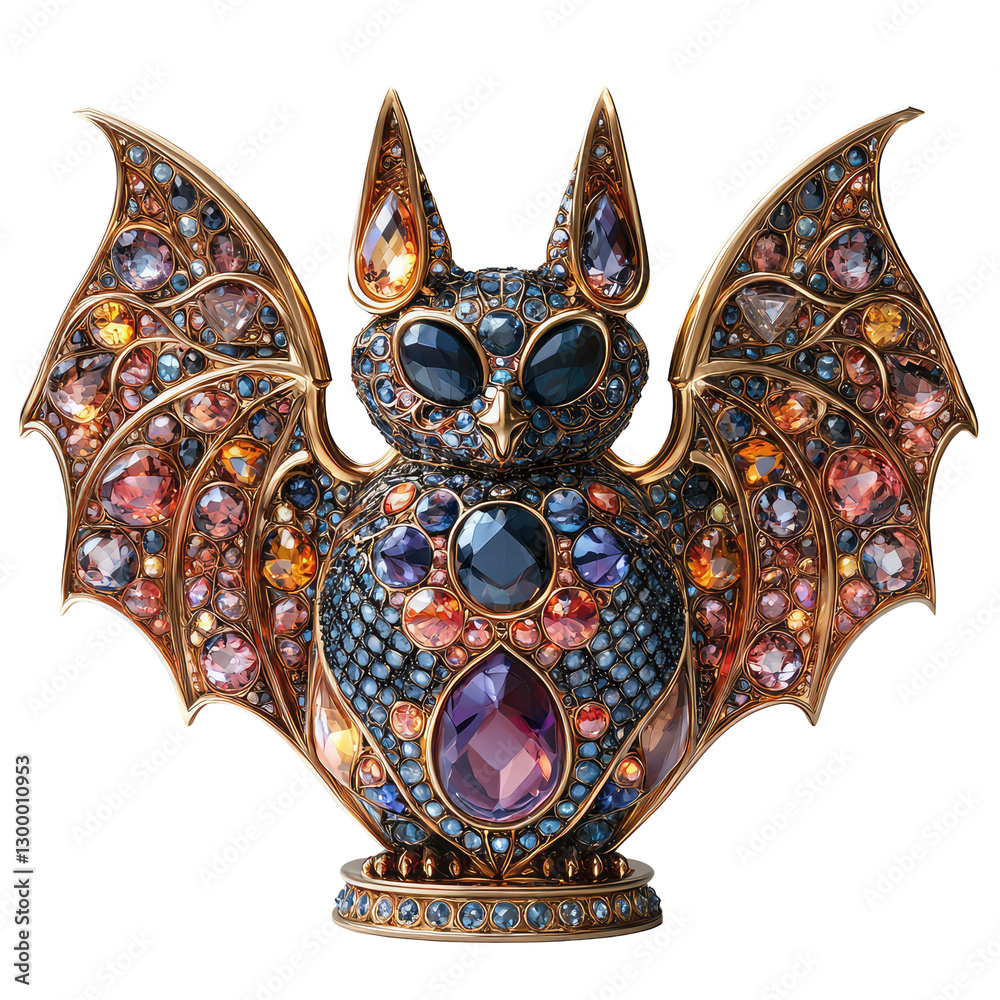 Naklejka premium Shiny Gold Sculpture of a Colorful Bat Adorned with Sparkling Gems and Intricate Details