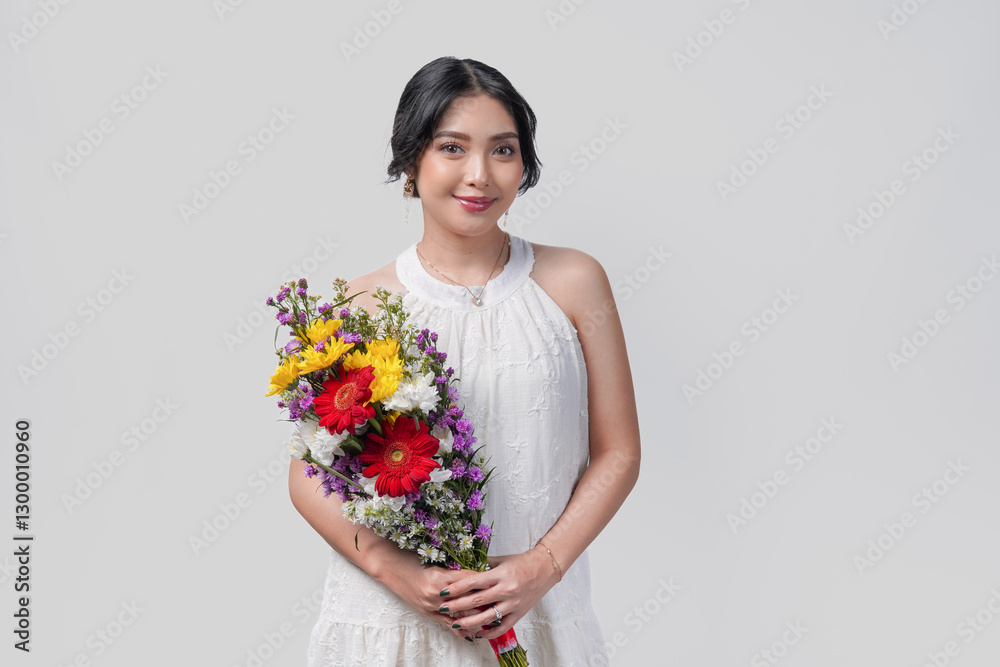 Attractive pregnant Asian woman holding a bouquet of flowers while smiling to the camera/ Attractive pregnant Asian woman holding a bouquet of flowers while smiling to the camera/