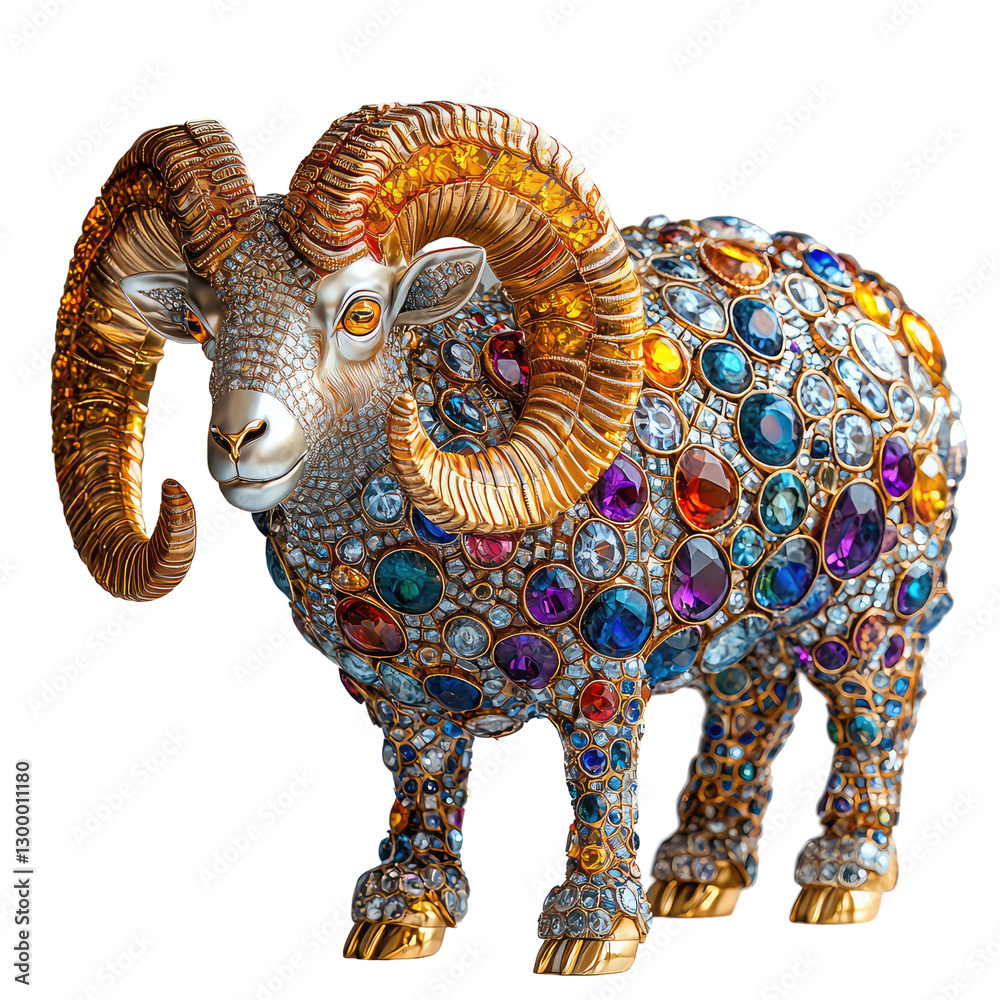 Obraz premium Stunning Shiny Gold Sculpture of Bighorn Sheep Adorned with Colorful Gemstones and Intricate Detail