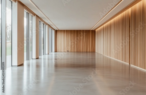 Spacious  modern empty room with wooden walls and large windows.