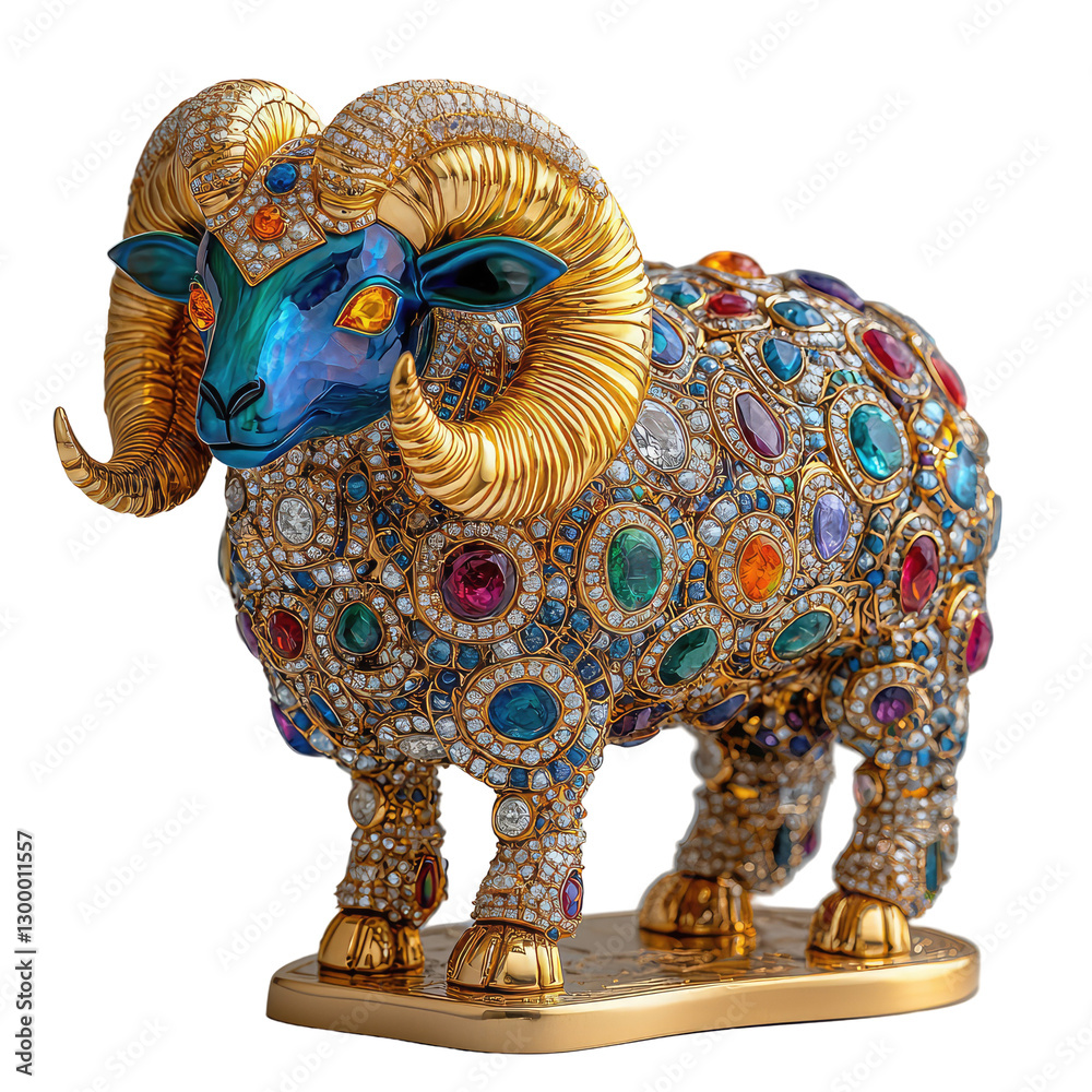 Obraz premium Vibrant Gold and Colorful Jewel-Encrusted Sculpture of a Blue Sheep with Detailed Textures and Shiny Finishes