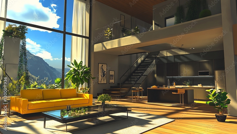 Fototapeta premium Sunlit modern open-plan home interior with yellow sofa, large windows, mountain view, plants, and wooden floors.