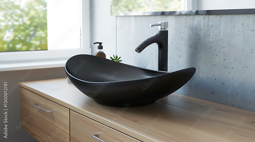 Modern bathroom, black vessel sk on wooden cabet near wdow, mimalistic faucet, copy space,