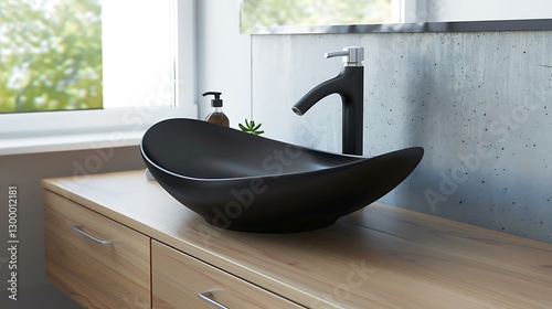 Obraz na płótnie Modern bathroom, black vessel sk on wooden cabet near wdow, mimalistic faucet, copy space, w salonie