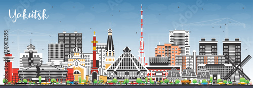 Yakutsk Russia city skyline with color buildings and blue sky. Yakutsk cityscape with landmarks. Business travel and tourism concept with modern and historic architecture.