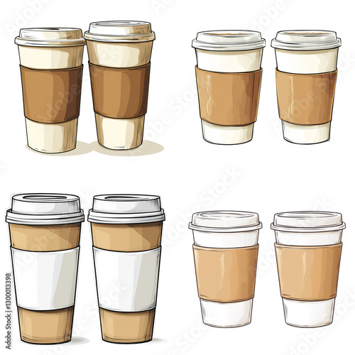 Drawing of two coffee cups with paper sleeves, isolated on white background.
