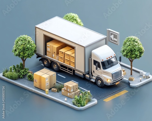 3D ecommerce concept showing a truck delivering shipments, with packages stacked neatly and a clear representation of the transportation process from warehouse to customer s door photo