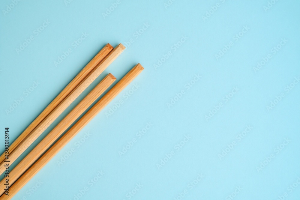 Three light brown wooden sticks on a light blue background. Three light brown wooden sticks on a light blue background.