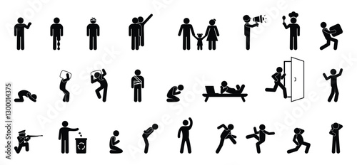 icon people in different situations, set of human figures, stick figure person pictogram, man, woman and children