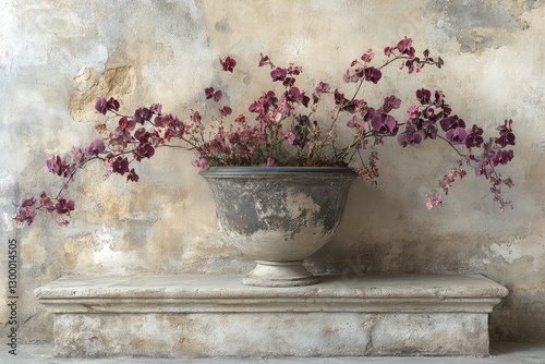 A vintage ceramic pot filled with vibrant purple orchids against a textured, weathered wall